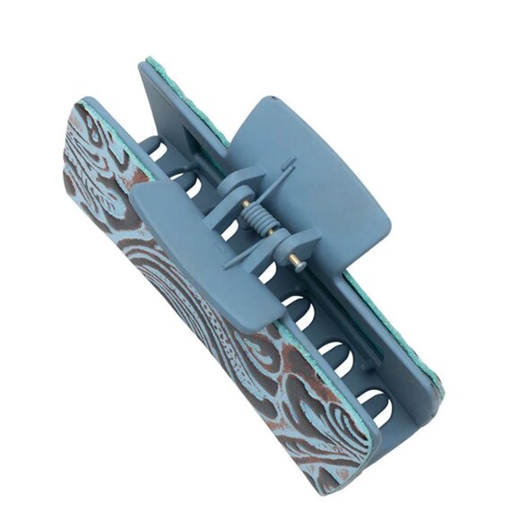 Myra Small Hair Comb Clip with Turquoise Hand-Tooled Embossed Leather - NWT - Picture 4 of 4